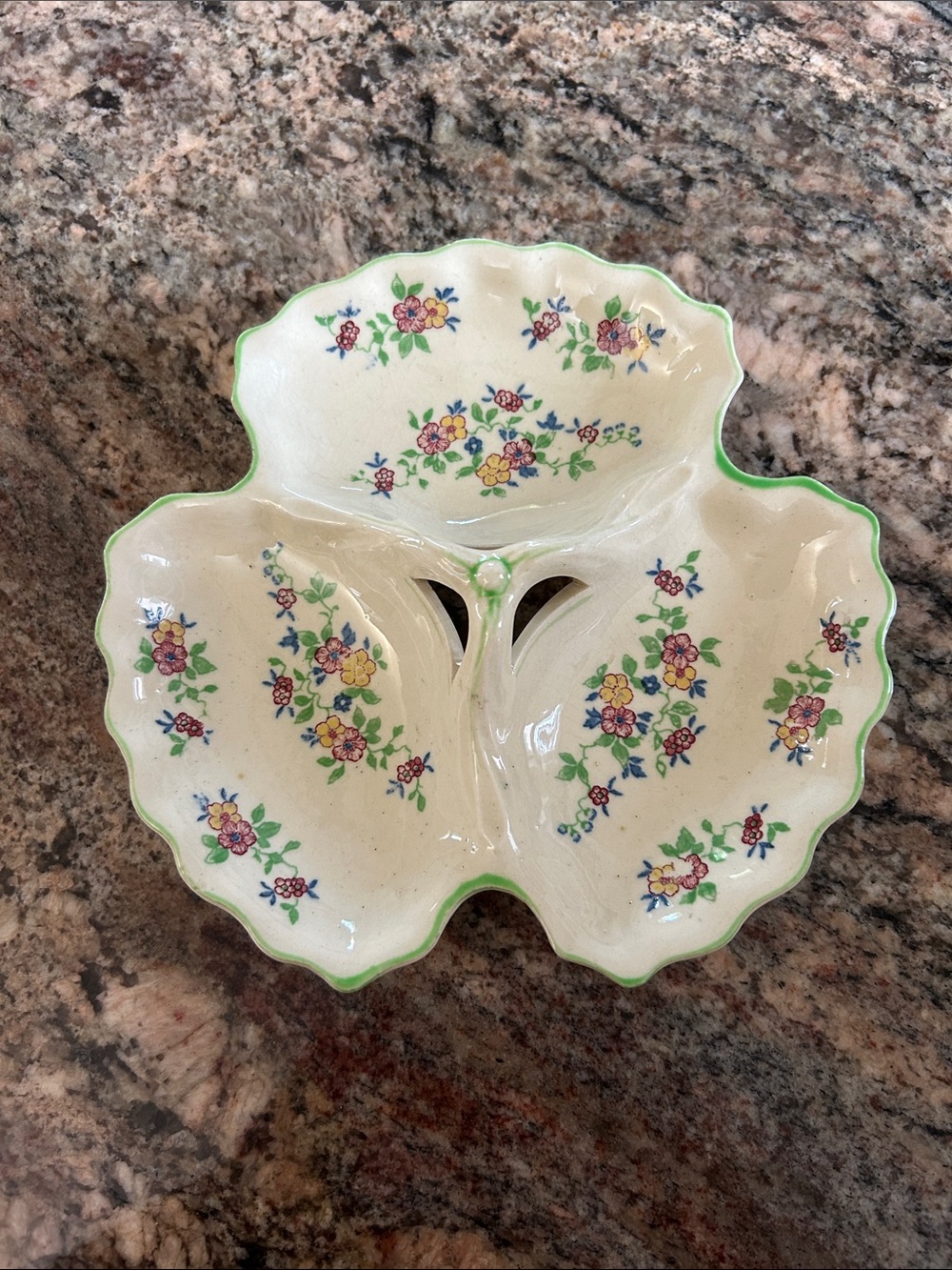 Vintage Floral 3 Section Ceramic Serving Dish/Trinket Tray in Cream and Green